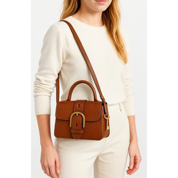 Fossil Wiley Mini Leather Satchel Brown Crossbody Bag Brass Buckle Key Charm - Picture 2 of 15